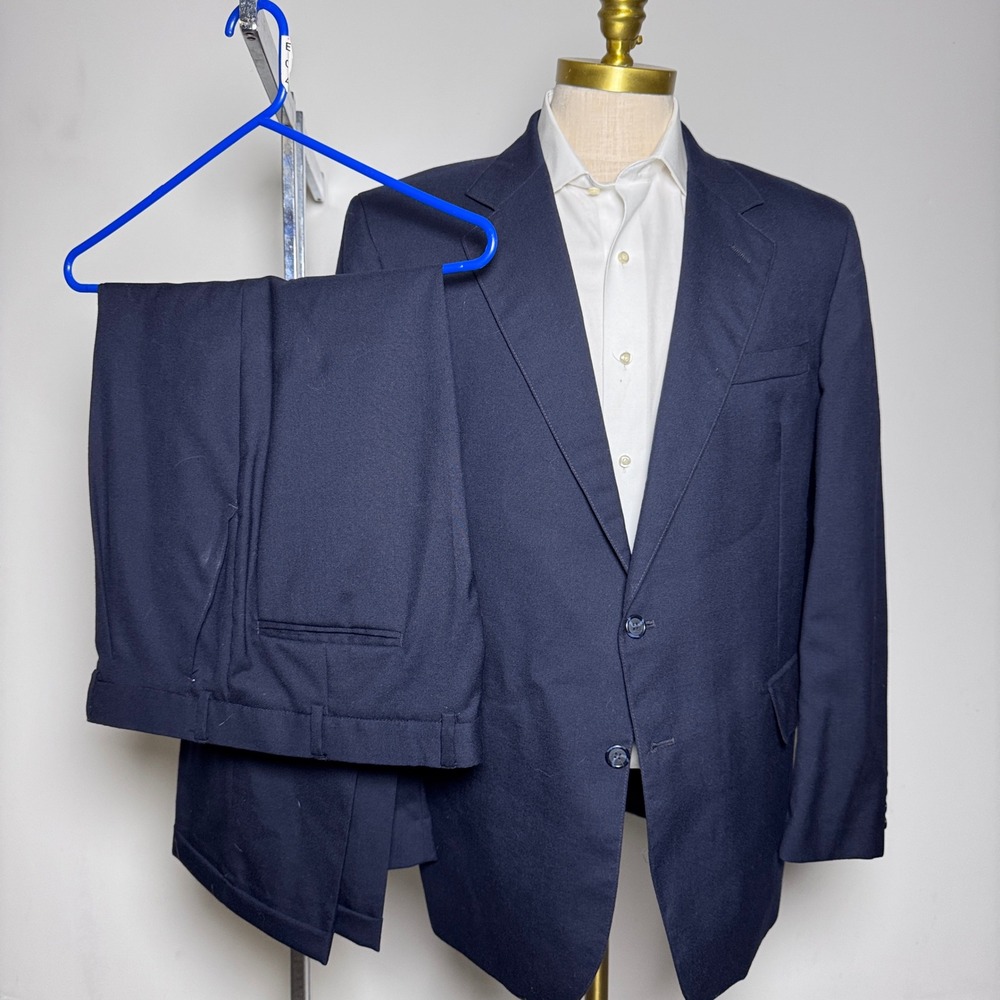 Vintage English Manor Suit Mens 44R 37x29 Navy Blue Solid Wool 2-Button